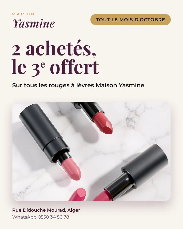 Post offre : rouges à lèvres, 2 achetés, le 3e offert