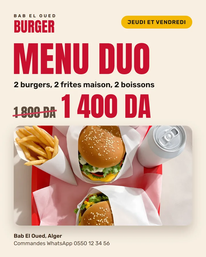 Post offre : Menu Duo à 1 400 DA le jeudi et le vendredi