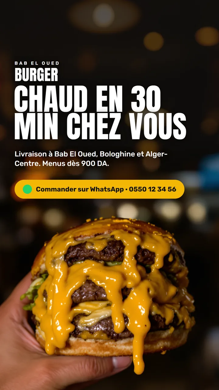 Story : livraison chaude en 30 minutes, commande sur WhatsApp