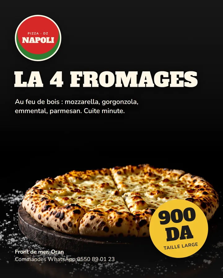Post produit : pizza 4 fromages au feu de bois à 900 DA