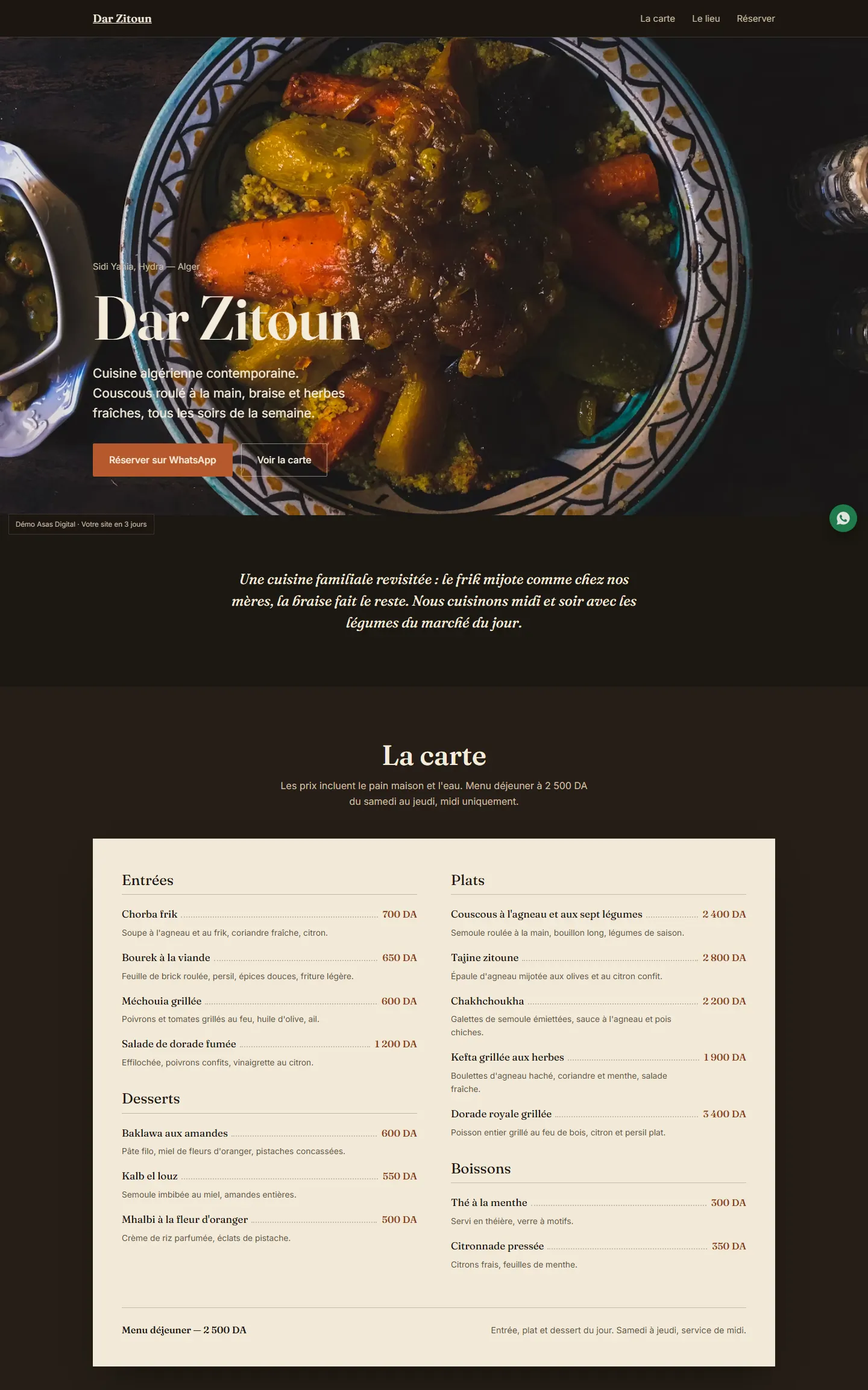 Aperçu du site de démonstration Dar Zitoun, restaurant